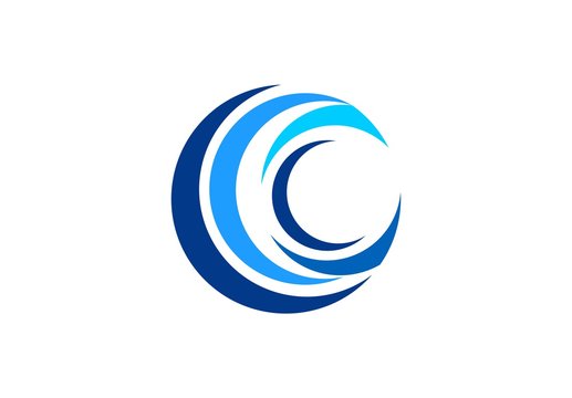 circle blue wave logo, swirl waves water symbol icon, letter C elements vector design template