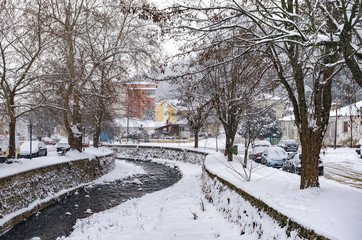 Picturesque winter scene by the river of Florina, a small town in northern Greece 