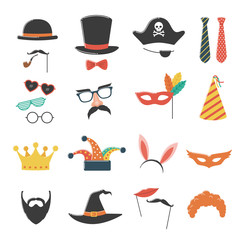 Photo booth birthday and party set with hat, mask, costume, glasses and beard.