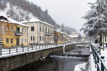 Picturesque winter scene by the river of Florina, a small town in northern Greece 