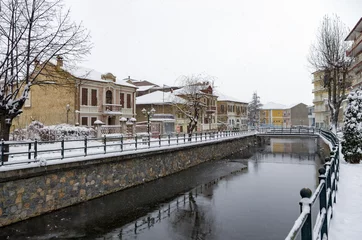 Picturesque winter scene by the river of Florina, a small town in northern Greece 
