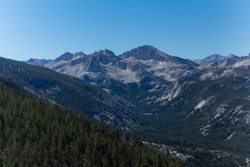 Rounded granite mountains and dense forests surround a high altitude valley in the high sierra in summer
