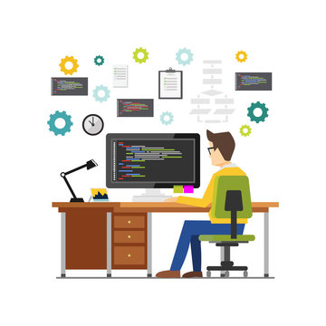 Professional programmer working writing code on computer at desk. Programmer developer workplace concept illustration for web banner, web web element, of infographics