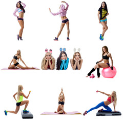 Young sexy women doing fitness collage