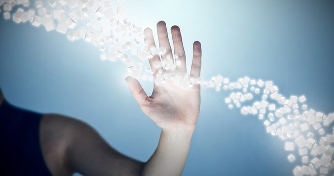 Composite image of hand of woman touching invisible screen 3d