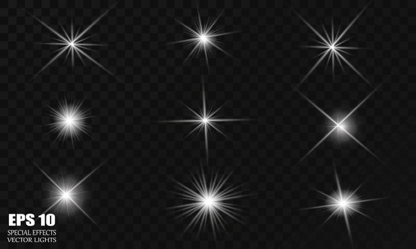 Bright stars on a transparent background. Glow light effect. Vector illustration.