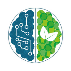 Brain with blue circuits and green plants icon, vector illustration