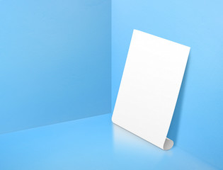 Blank white rolling poster at corner painted pastel blue color s