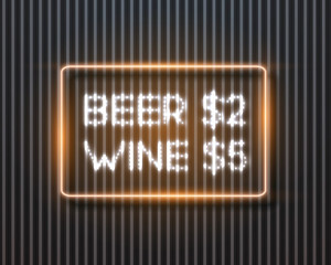 Obraz premium Illustration of Realistic Vector Neon Frame. Beer Vine Sale Retro Neon Sign. Glowing Neon Bar Frame