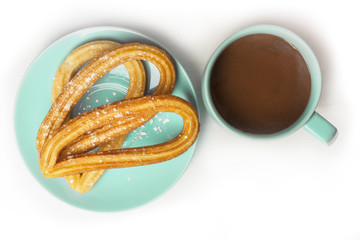 Churros with hot chocolate, traditional Spanish breakfast