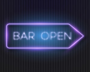 Illustration of Realistic Neon Frame. Bar Open Neon Sign. Vintage Glowing Vector Neon Frame