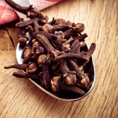 Spice cloves on kitchen spoon