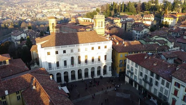 Bergamo, Italy, The Old city (Citta Alta). One of the beautiful city in Italy. Lombardia. Landscape on the old main square (called Piazza Vecchia), the public library (called Angelo Mai)