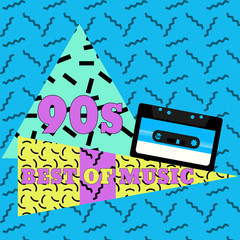Best of music. Audiocassette, geometric elements. Vector illustration in 80s-90s memphis style.