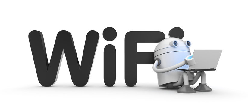 Robot with a laptop, sitting by leaning on the wifi sign. 3d illustration