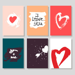 Vector collection of 6 cute Valentines card templates. Hand drawn elements by brush. Happy Valentine's Day