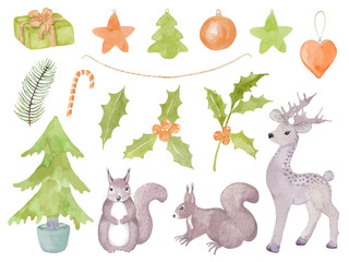 Watercolor vector set  with Christmas toys. Holly, Christmas can