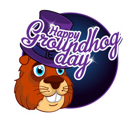 Cartoon Old Groundhog in a hat and the inscription. Vector illustration to the Groundhog Day.