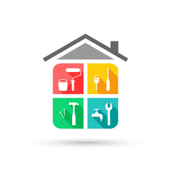 House maintenance concept with working tool icons in colorful flat design