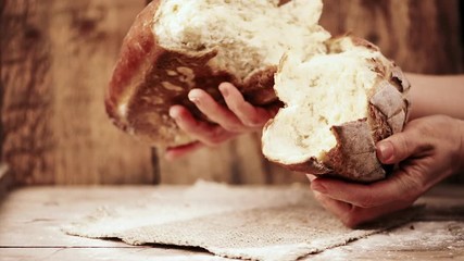 Closeup of human hands breaking fresh baked bread over wooden rustic background. Bakery concept.