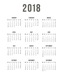 Calendar 2018 On White Background. Week Starts Sunday. Simple Vector Template