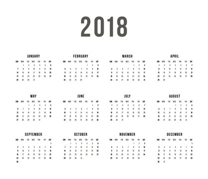 Calendar 2018 On White Background. Week Starts Sunday. Simple Vector Template