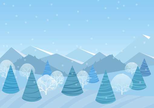 Beautiful Chrismas winter flat landscape background. Christmas forest woods with mountains. New Year winter vector landscape.
