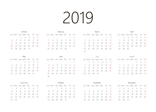 Calendar 2019 On White Background. Week Starts Sunday. Simple Vector Template
