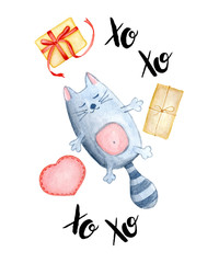 Watercolor cat with gifts and presents
