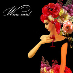 woman profil on black background, wine card