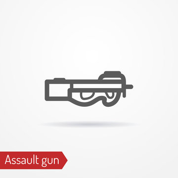 Abstract compact assault firearm. Isolated icon in line style with shadow. Typical police special forces weapon. Military vector stock image.