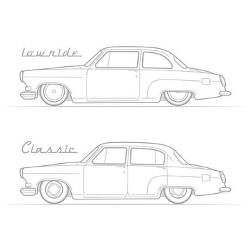 Two isolated lowrider retro cars in silhouette line style with sample text. Two-door coupe and sedan. Typical lowered vintage vehicle. Custom car vector stock image.