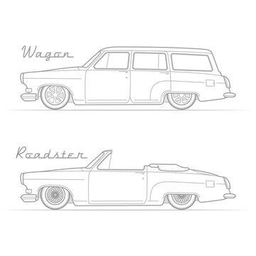 Two isolated lowrider retro cars in silhouette line style with sample text. Wagon and cabrio. Typical lowered vintage vehicle. Custom car vector stock image.