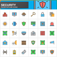Security, protection, access line icons set, filled outline vector symbol collection, linear colorful pictogram pack. Signs, logo illustration. Include icons as login, shield, lock, alarm, spy, virus