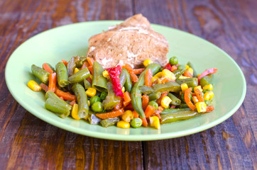 Tasty fried bean with vegetables and chicken