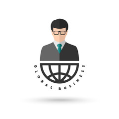 Global business concept with globe and businessman in flat design
