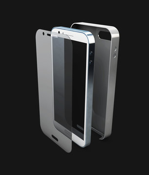 3d Illustration of Phone protection glass. Protect from crash presentation. isolated black