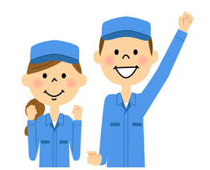  作業着の男女　仲間