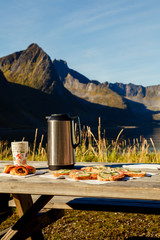 Picnic by the lake near the mountains