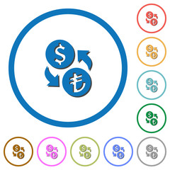 Dollar Lira money exchange icons with shadows and outlines