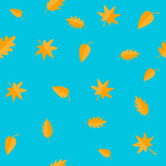 Autumn leaves. Yellow orange leaf set. Oak, maple, birch, rowan. Seamless Pattern Wrapping paper, textile template. Blue background. Flat design.