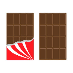 Chocolate bar icon set. Opened red wrapping paper foil. Milk dark dessert. Tasty sweet food. Rectangle shape Vertical piece. Modern simple style. Flat design. White background. Isolated.