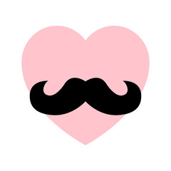 Icono plano corazon rosa con bigote en fondo blanco