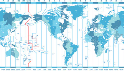 Naklejka premium vector world map of local time zones centered by America