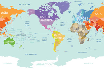 world map colored by continents and centered by America