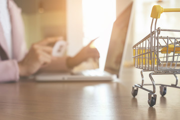 Internet online shopping concept with laptop and shopping-cart.Vintage tone retro filter effect, soft focus(selective focus)