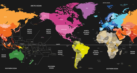 world political map colored by continents on black background and centered by America
