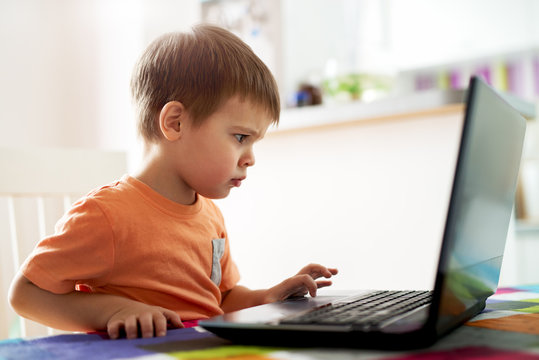 Little cute boy playing games on laptop.