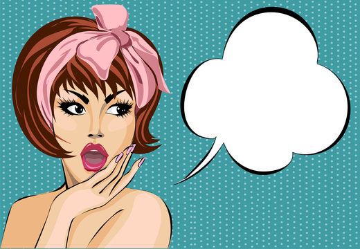 Pop art comic style surprised woman with speech bubble, pin up girl portrait, vector