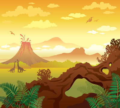 Prehistoric landscape. Arch, volcano and dinosaurs.